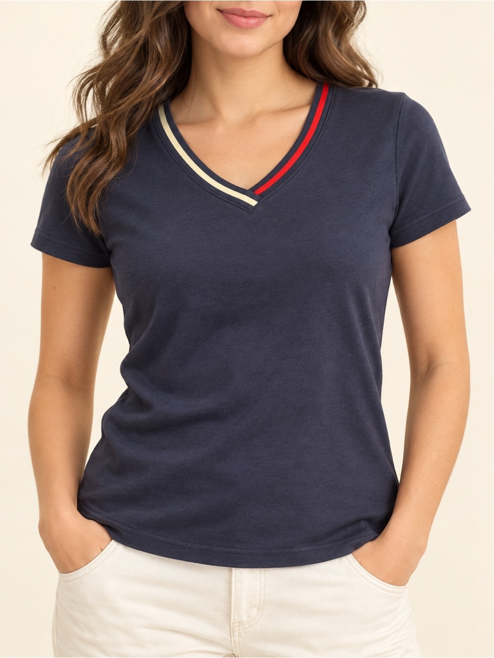 Tommy Hilfiger Navy V Neck Tee Red White Trim Preppy S